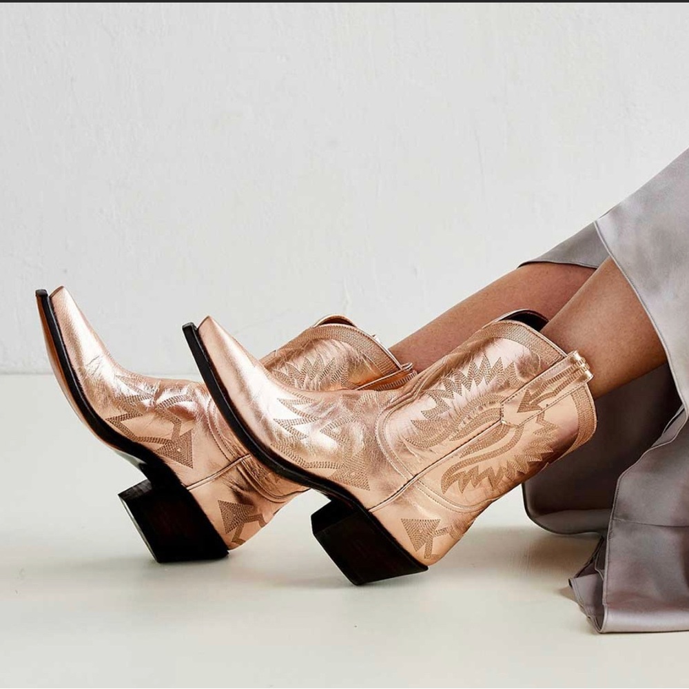 Metallic Rose Gold Cowboy Ankle Boots Size 7